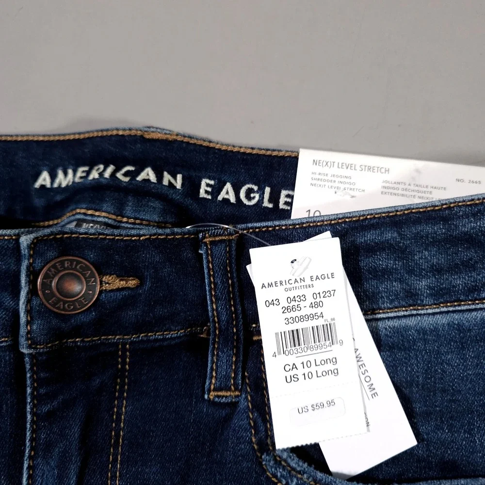 American Eagle Hi-Rise Jegging Womens 10 Long‎ Dark Blue Distressed Shredder New